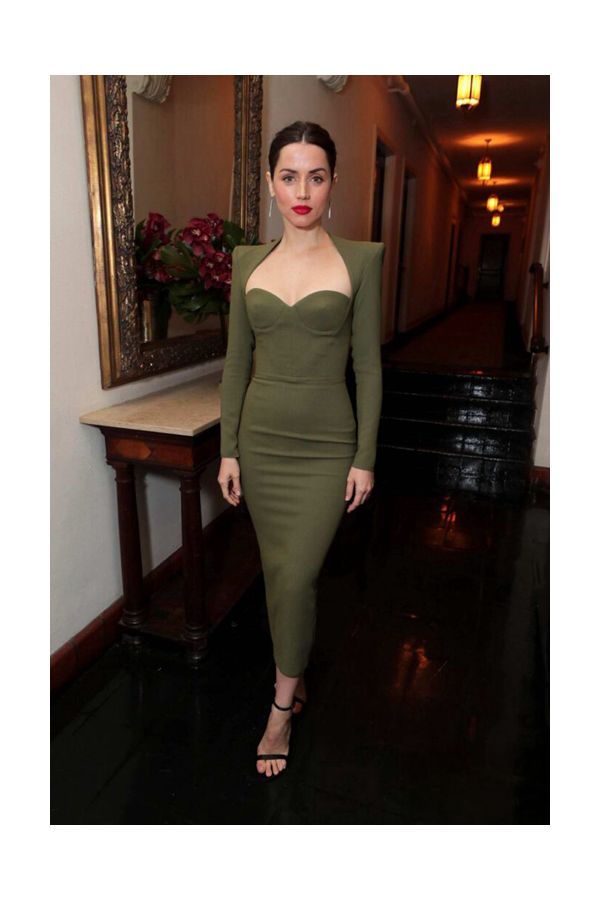 Ana De Armas Inspired Olive Green Midi Cocktail Celebrity Dress Golden Globes Party