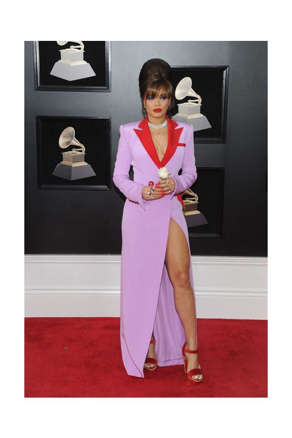 Lavender Power Andra Day Inspired Lilac Blazer V Neck High Slit Sheath Celebrity Formal Prom Dress Grammys 2018