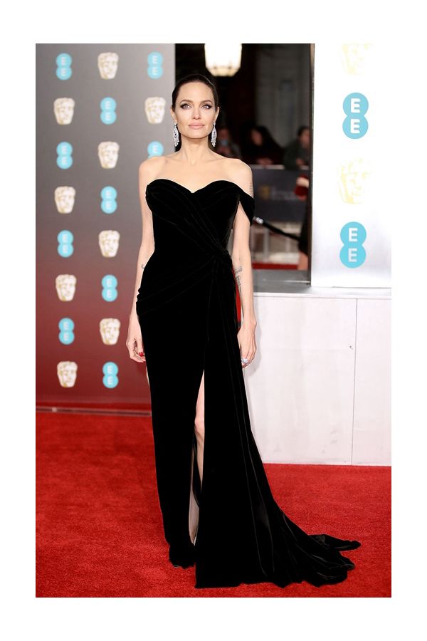 Midnight Allure – Angelina Jolie BAFTAs 2018–Inspired Off-the-Shoulder Velvet Sheath Gown with Draped Detail & Thigh-High Slit