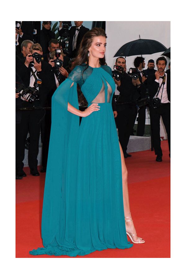 Anna Andres Teal Blue Lace Chiffon Long-sleeve Formal Dress Cannes 2018