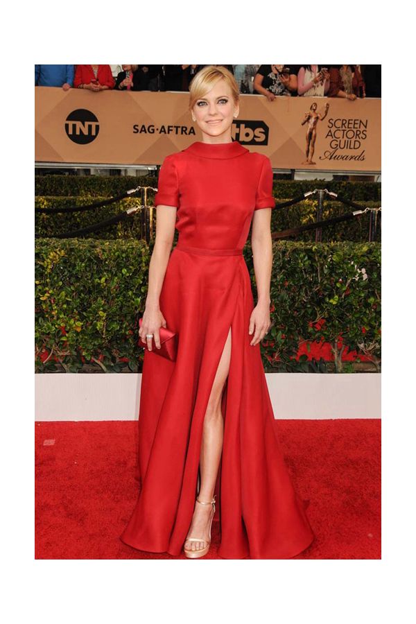 Anna Faris Red Short Sleeve Celebrity Formal Dress with Slit SAG Awards 2016