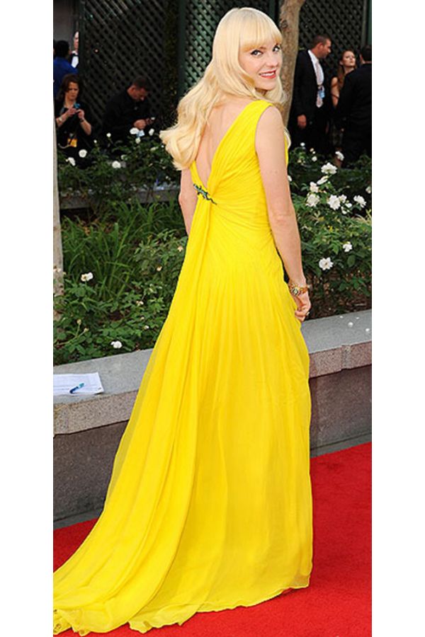 Anna Faris Yellow Chiffon Formal Prom Celebrity Dress with Slit Emmys 2013