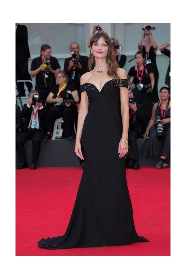 Annabelle Belmondo Black Off the Shoulder Sheath Floor Length Celebrity Dress Venice Film Festival 2019