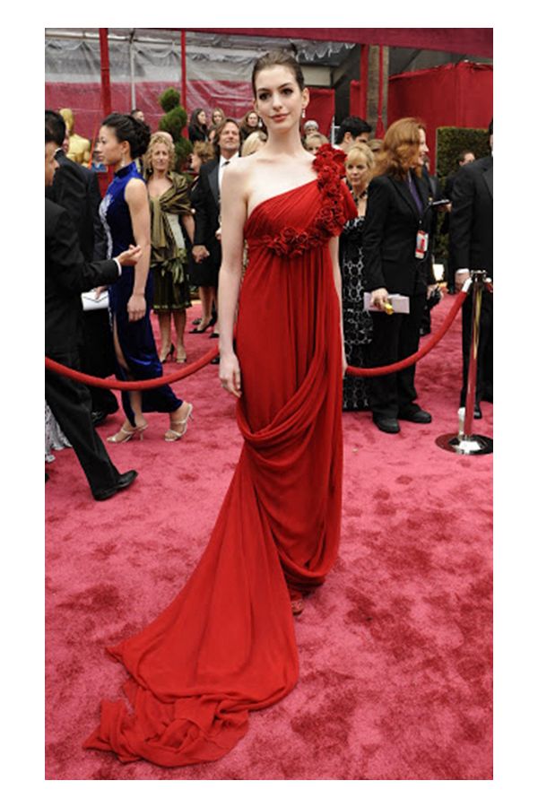 Anne Hathaway Red Floral One-shoulder Chiffon Celebrity Formal Prom Dress Oscars 2008