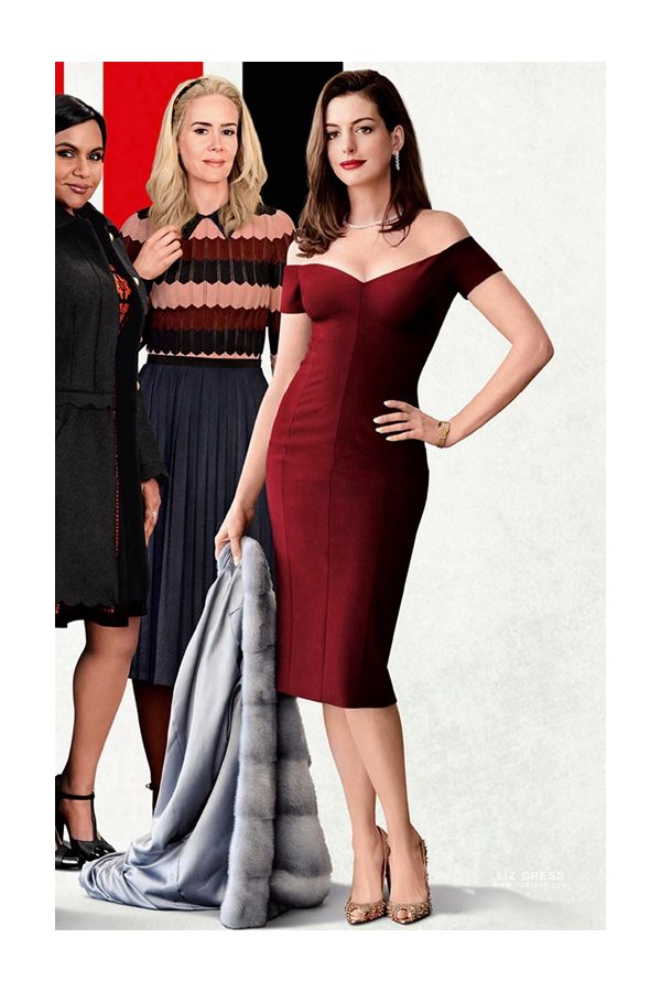 Anne Hathaway Burgundy Red Off-the-shoulder Celebrity Dress in Movie "Ocean's 8"