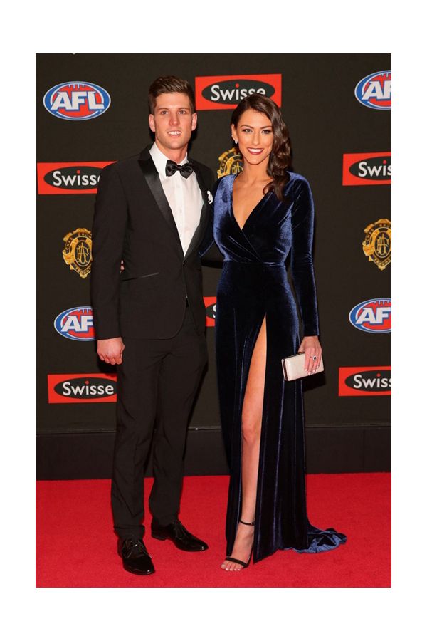 Midnight Reverie – Anthea Pellow Brownlow Medal 2015–Inspired Navy Velvet V-Neck Column Gown