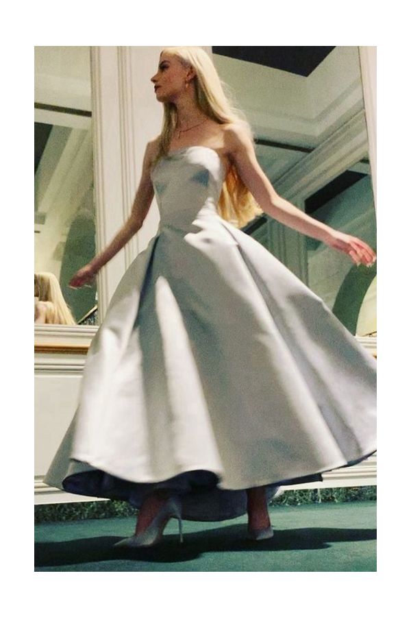Anya Taylor-Joy Inspired Silver Strapless Satin Ball Gown Dress Golden Globes 2021