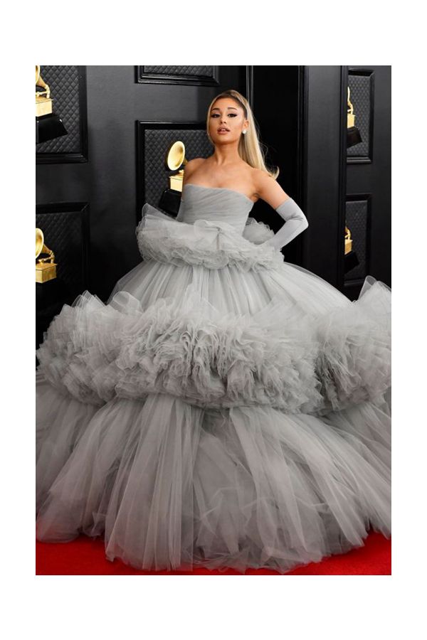 Ariana Grande Gray Strapless Tulle Ball Gown Formal Prom Dress Grammys 2020