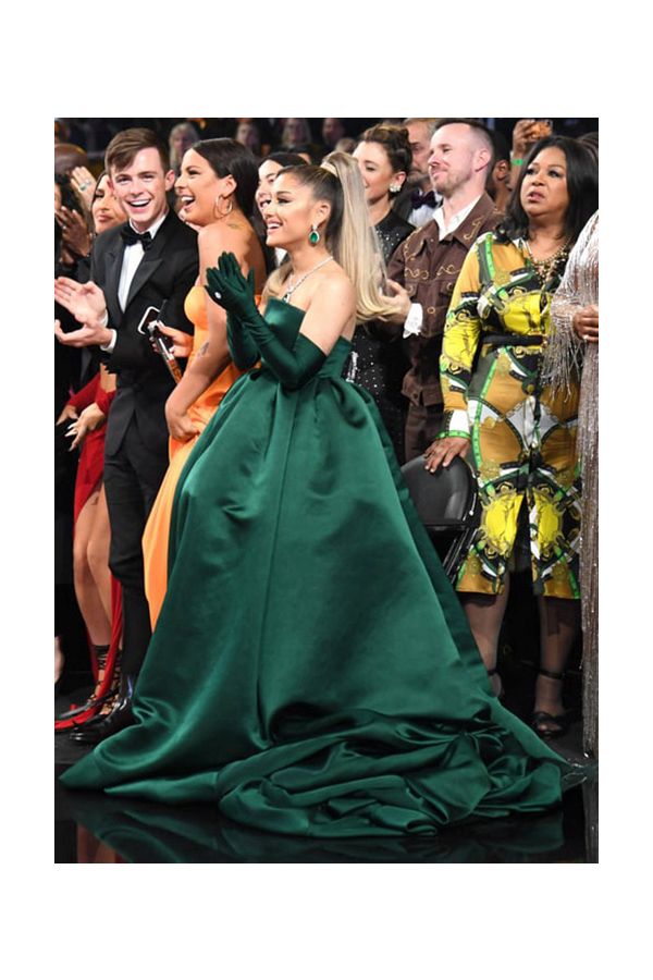 Ariana Grande Green Satin Strapless Ball Gown Formal Prom Dress Grammys 2020
