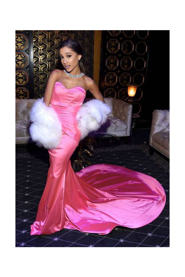 Pink Stardust Ariana Grande Inspired Pink Satin Sweetheart Mermaid Sweep Train Celebrity Formal Prom Dress MTV Movie Awards 2016
