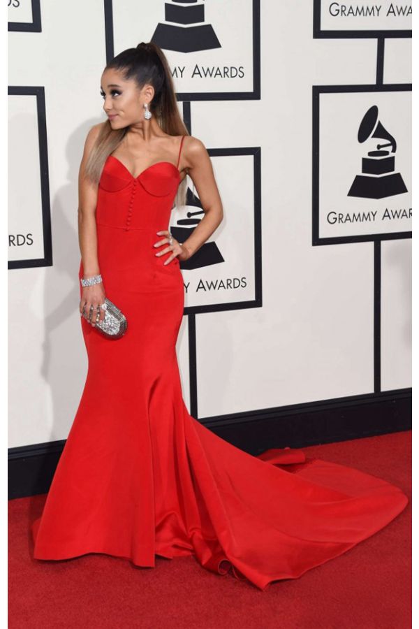 Crimson Crescendo – Ariana Grande Grammys-Inspired Sweetheart Satin Mermaid Gown with Sweep Train
