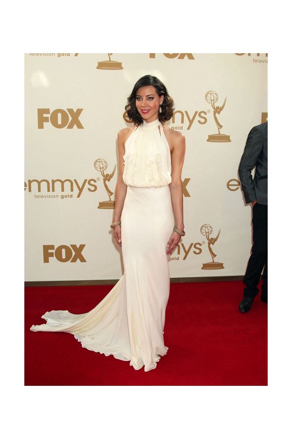 Aubrey Plaza White Halter Backless Chiffon Formal Prom Celebrity Dress Emmys 2011