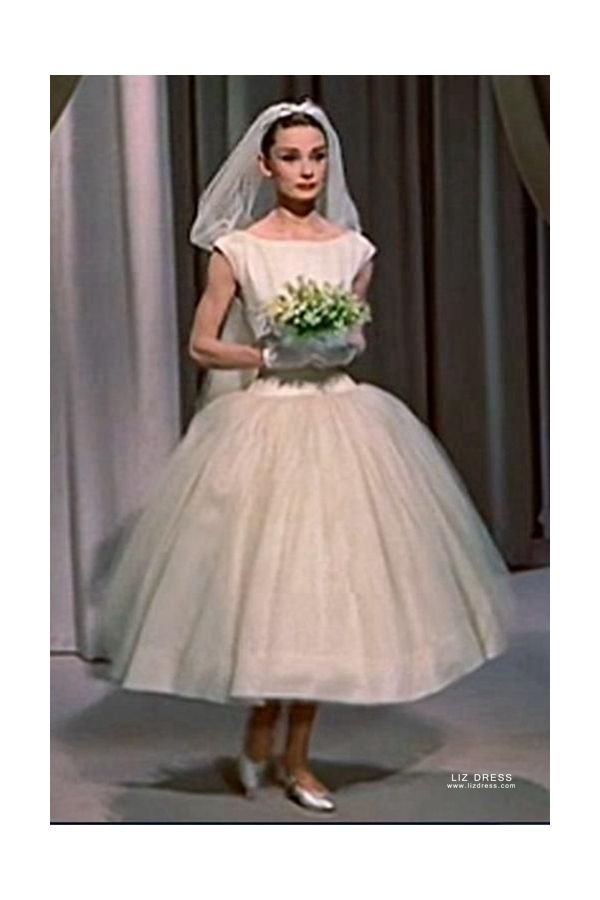 Audrey Hepburn Tea-length Tulle Ball Gown Vintage 1950s Wedding Dress Funny Face