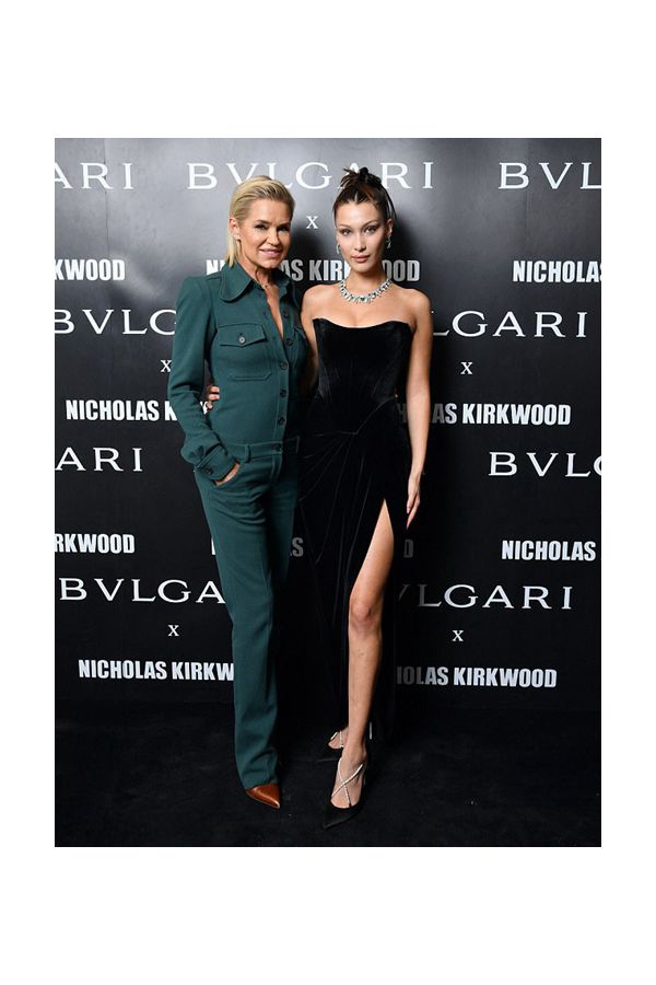 Velvet Noir – Bella Hadid Black Velvet Strapless Gown with Thigh-High Slit