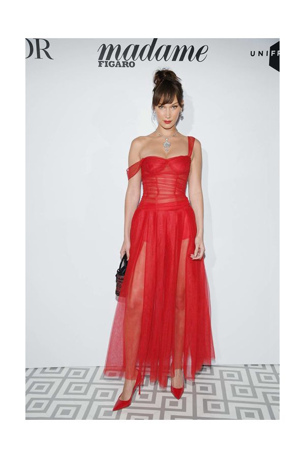 Bella Hadid Red Tulle Off-the-Shoulder Celebrity Dress Cannes Dinner Party 2018