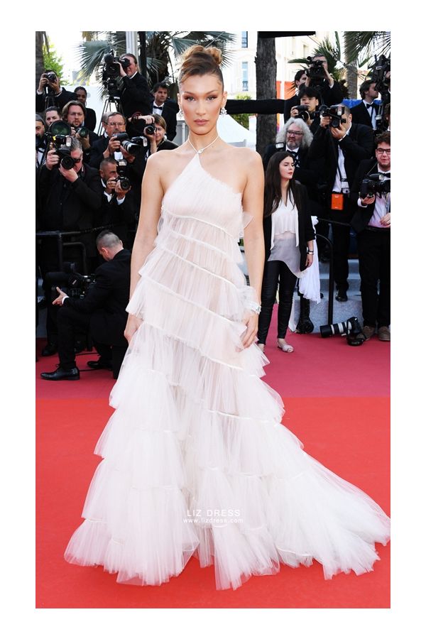 Ethereal Cascade – Bella Hadid Cannes 2019–Inspired Halter Tulle Tiered Ball Gown with Sweep Train