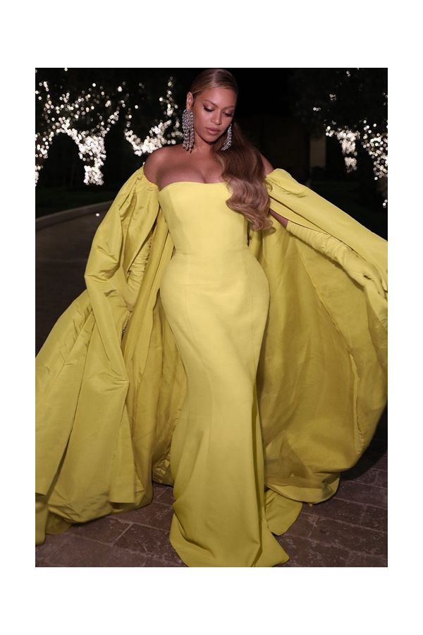 Beyonce Inspired Yellow Strapless Dress with Cape Oscars 2022