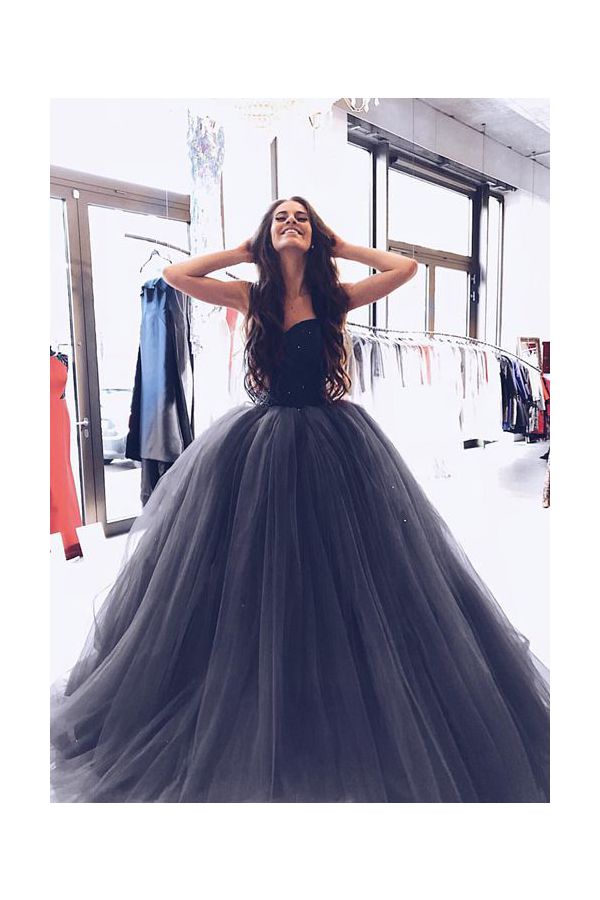 Midnight Bloom Black Strapless Sweetheart Tulle Ball Gown Prom Dress