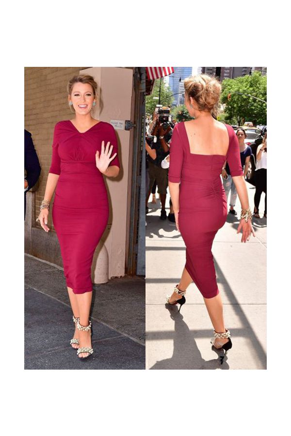 Blake Lively Inspired Burgundy Red Off-Shoulder Ruched Maternity Sheath Dress
