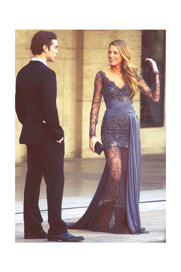 Blake Lively Gray Lace Long-sleeve Dress in TV Show "Gossip Girl" Fashion
