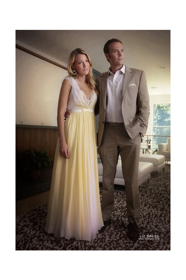 Blake Lively Yellow and White Lace Chiffon Formal Prom Dress Gossip Girl