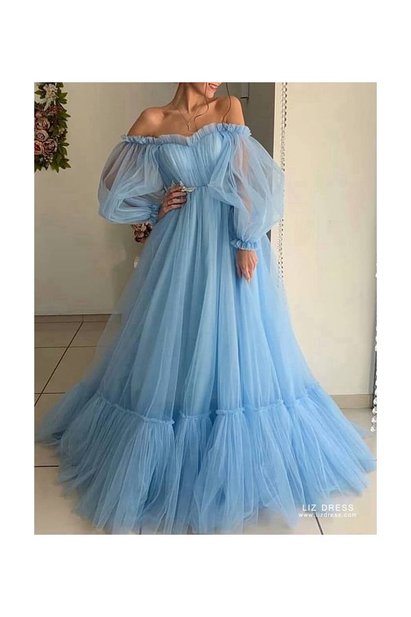 Sky Blue Off the Shoulder Ruffled Tulle Ball Gown Formal Prom Dress