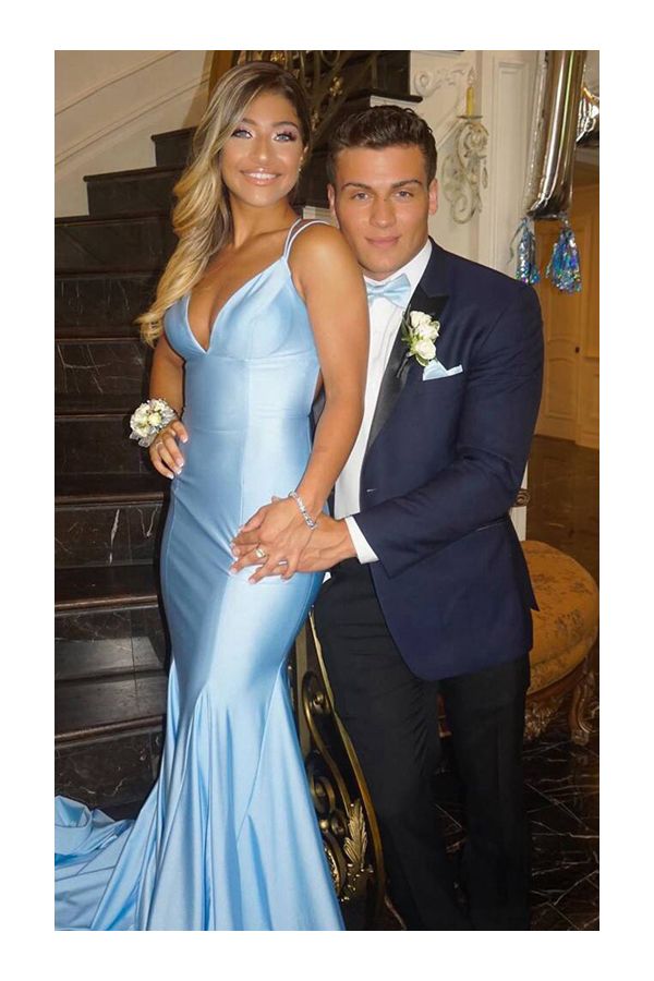 Celebrity Inspired Light Blue Spaghetti Strap V Neck Mermaid Formal Prom Dress 2020