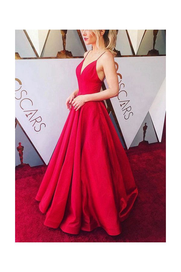 Red Spaghetti Straps V-neck Satin Long Formal Prom Celebrity Dress