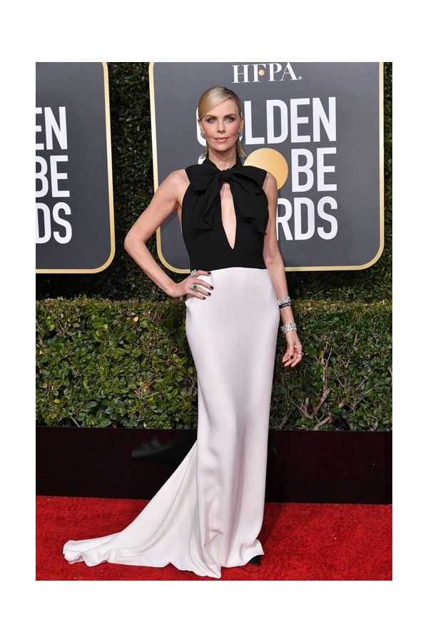 Charlize Theron Black and White Backless Formal Dress Golden Globes 2019