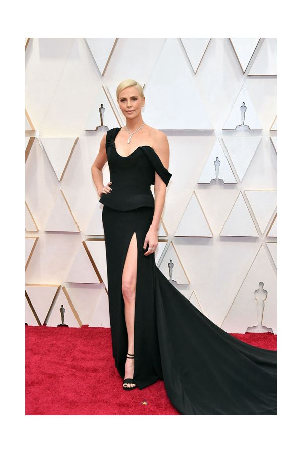 Charlize Theron Black One-Shoulder Sheath Evening Celebrity Dress High Slit Oscars 2020