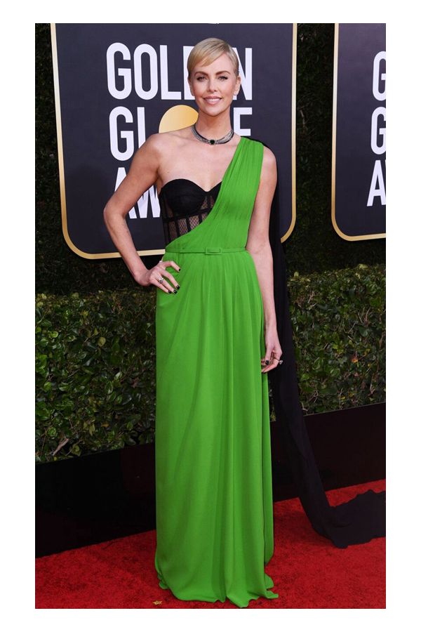 Charlize Theron Green One-shoulder Formal Prom Celebrity Dress Golden Globes 2020