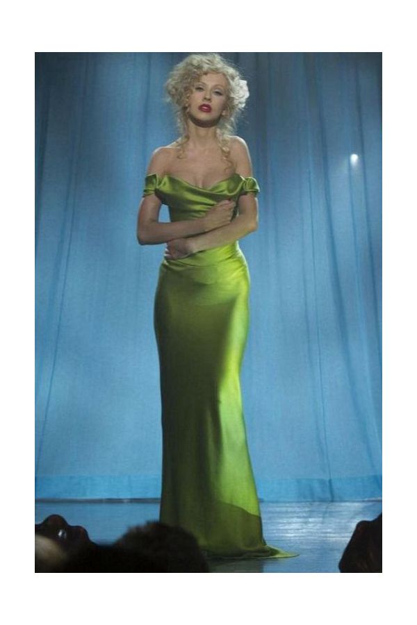Christina Aguilera Green Off-the-Shoulder Satin Formal Prom Dress (Burlesque)