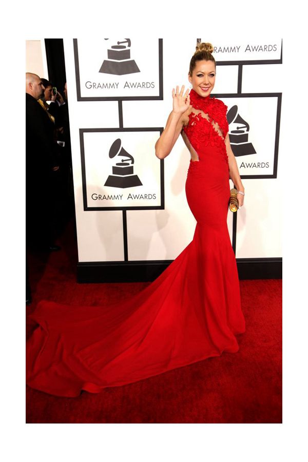 Colbie Caillat Red High-Neck Lace Long Formal Prom Dress Grammys 2014