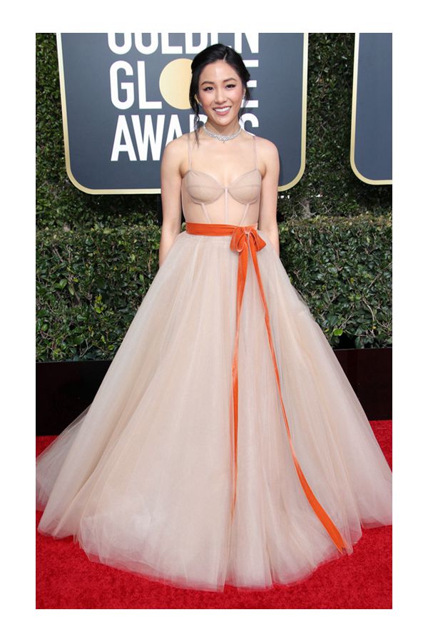 Constance Wu Nude Tulle Formal Prom Dress with Orange Ribbon Golden Globes 2019