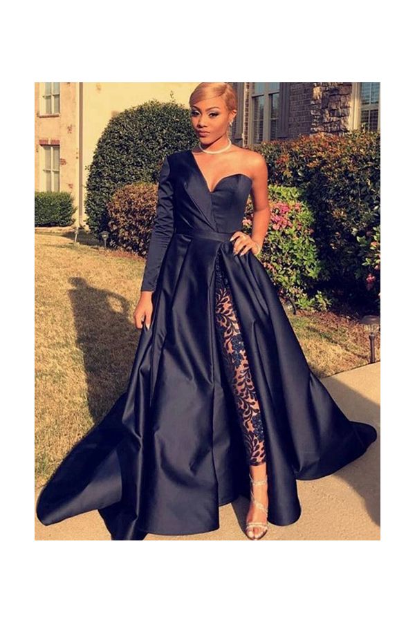 Midnight Elegance – Custom Navy Satin One-Shoulder Gown & Lace-Inlaid Trousers Ensemble