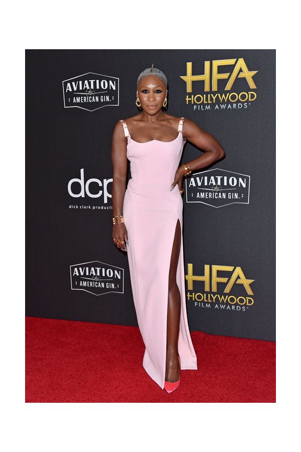 Cynthia Erivo Inspired Pink Formal Evening Dress with Slit Hollywood Film Awards