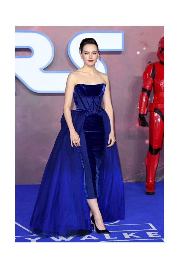 Daisy Ridley Blue Velvet Strapless Dress 'Star Wars: The Rise of Skywalker' Premiere