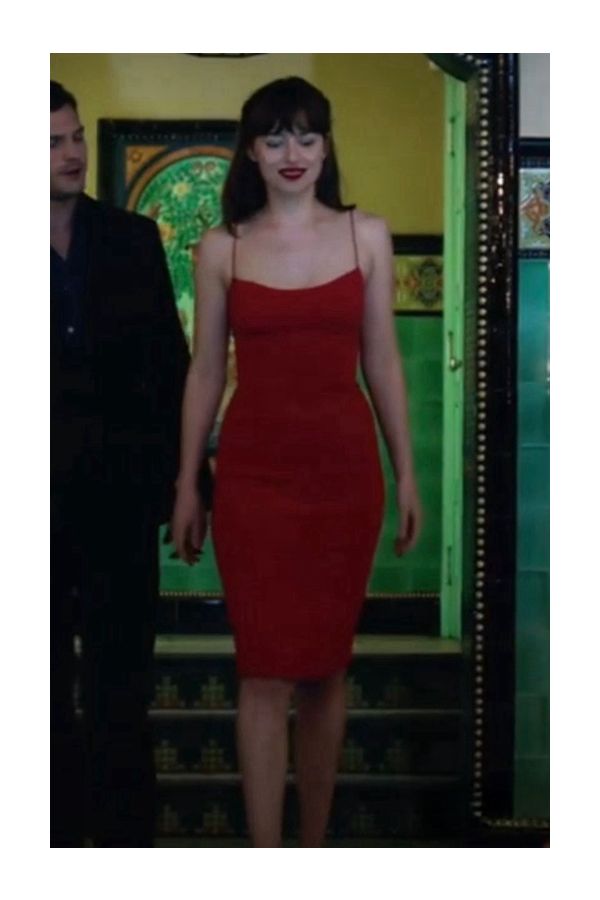 Dakota Johnson Fiery Red Spaghetti Strap Sheath Engagement Dress Fifty Shades Darker