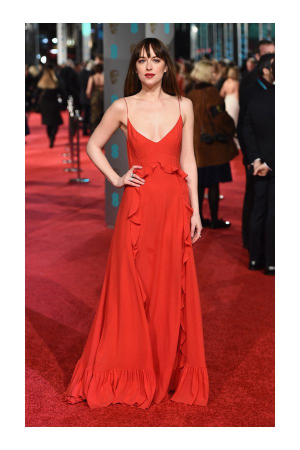 Scarlet Ruffle – Dakota Johnson Red V-Neck Ruffled Slip Gown