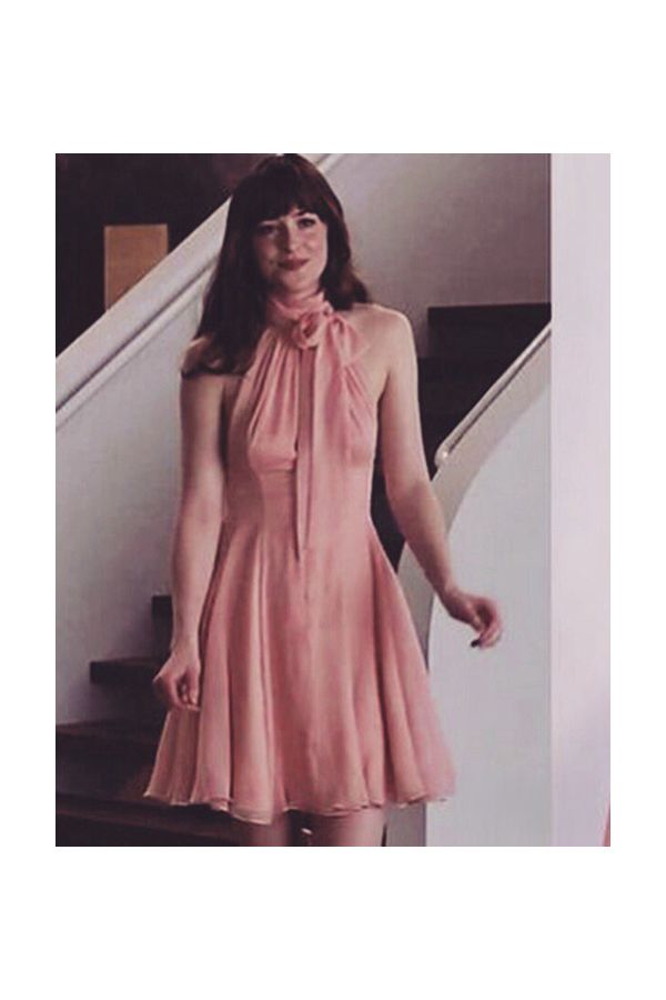 Dakota Johnson Inspired Short Pink Chiffon Dress in Movie "Fifty Shades of Grey"