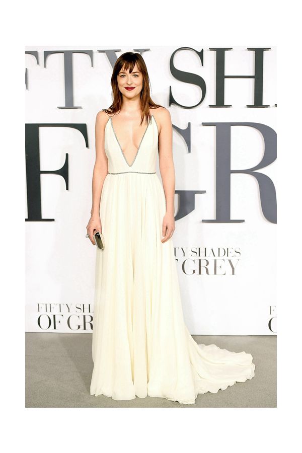 Pearl Whispers – Dakota Johnson White Plunging V-Neck Gown
