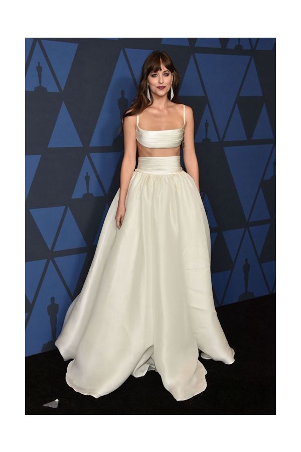 Dakota Johnson White Two-Piece Satin Celebrity Dress Governors Awards 2019