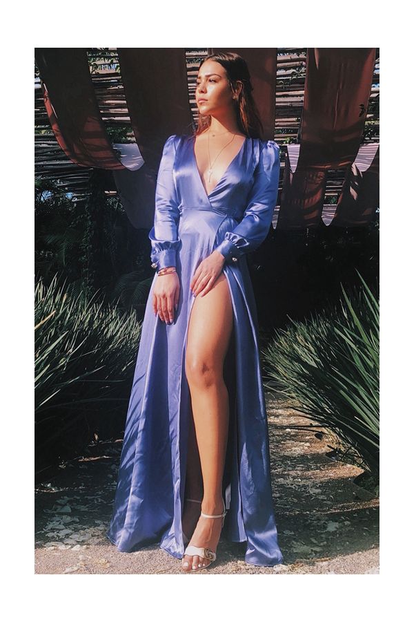 Danna Paola Inspired Blue Long-sleeve V-neck Satin Formal Prom Dress with Slit