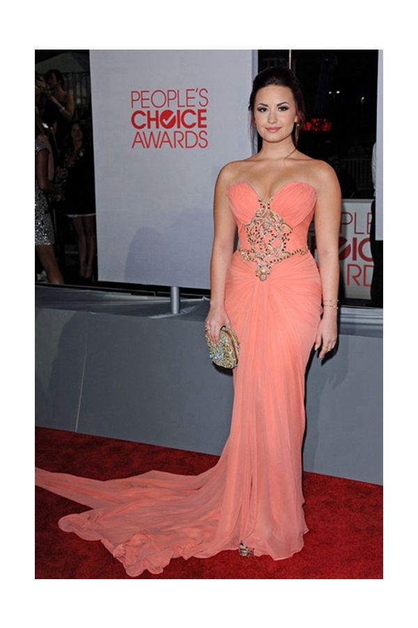 Demi Lovato Peach Strapless Chiffon Formal Dress People's Choice Awards 2012