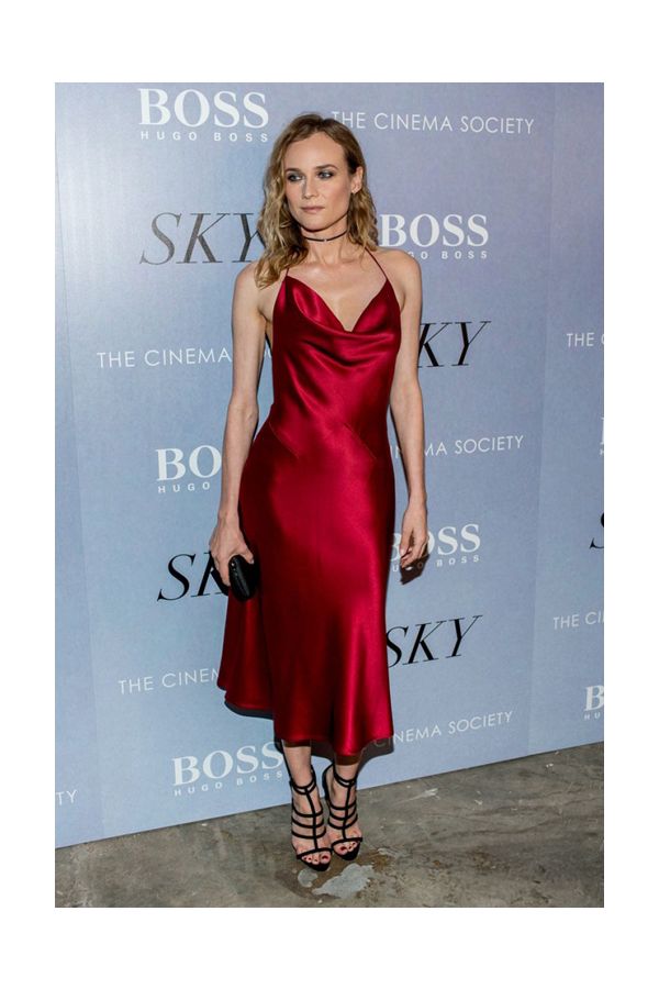 Diane Kruger Red Satin Midi Slip Cocktail Party Celebrity Dress "Sky" Premiere