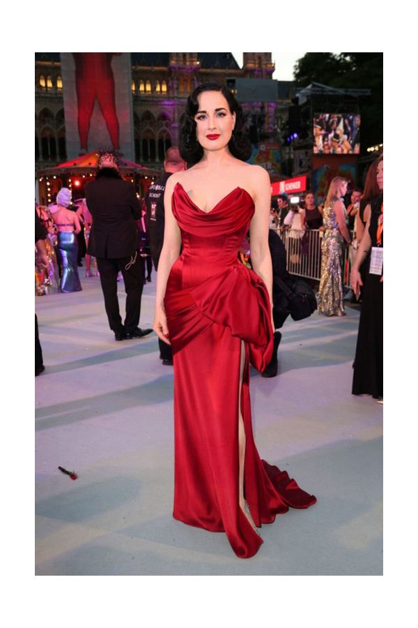 Scarlet Temptress – Dita Von Teese Red Cowl-Neck Satin Gown