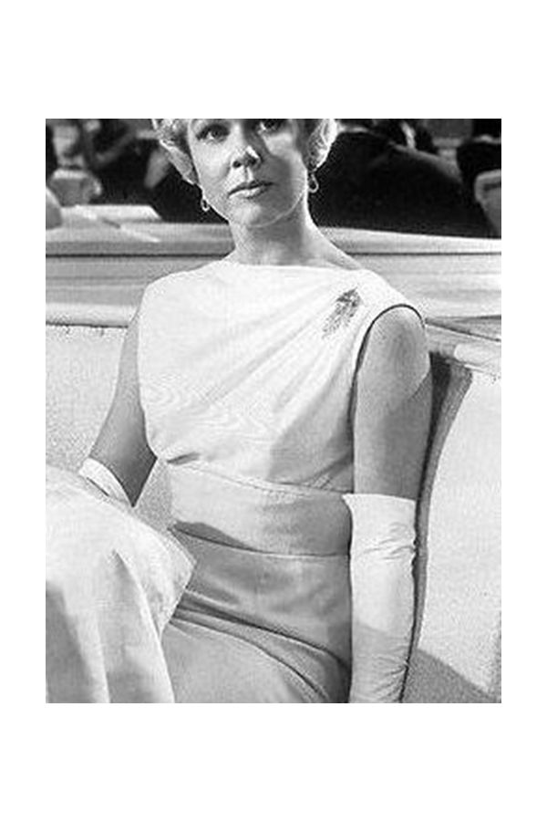 Doris Day Inspired White Open Back Evening Dress in 1950s Movie "Pillow Talk"
