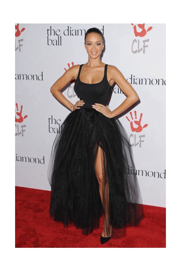 Draya Michele Inspired Black Ball Gown Formal Prom Dress with Slit Diamond Ball
