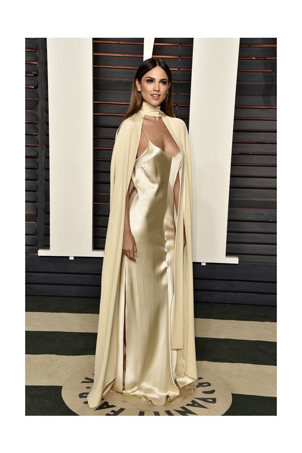 Eiza Gonzalez Champagne Satin Formal Cape Dress Vanity Fair Oscars 2016 Party