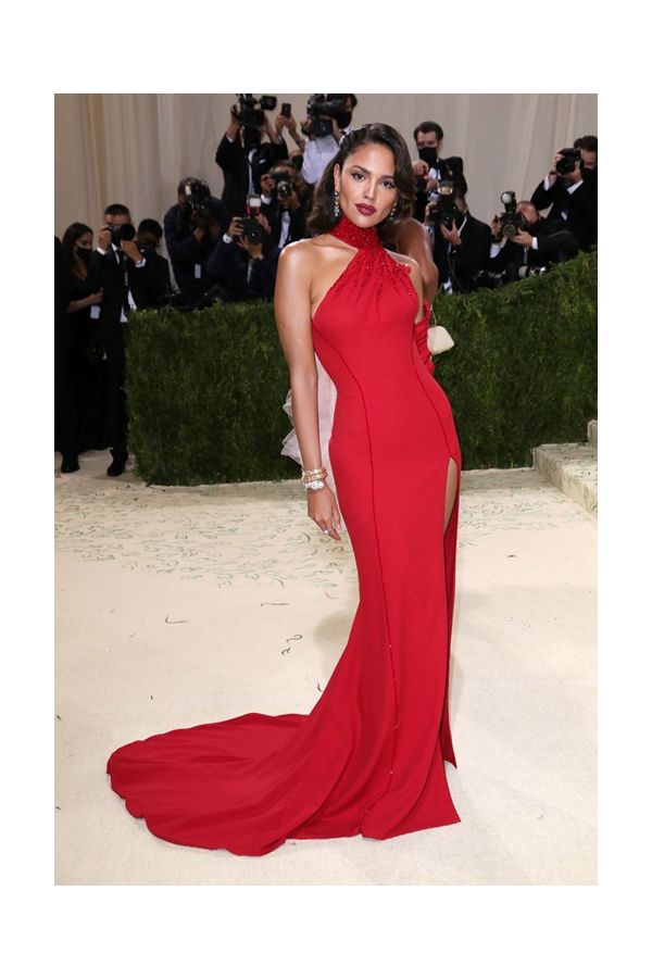 Eiza Gonzalez Inspired Red High-neck Celebrity Evening Dress with Slit Met Gala 2021